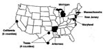Thumbnail of Map showing locations of the sentinel surveillance sites in the National Tuberculosis Genotyping and Surveillance Network, United States.