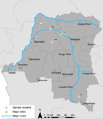 Thumbnail of Location of the major cities, rivers, and the 7 Demographic Health Survey clusters (203, 81, 88, 183, 211, 164, and 29) within the Democratic Republic of the Congo included in the study. 