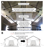 Thumbnail of Design (A) and mechanism of action (B) of insecticide-treated window screens and eave baffles for control of malaria vector mosquitoes, Tanzania.