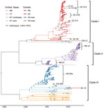 Thumbnail of Time-scaled maximum clade credibility phylogeny of sequenced genomes of raccoon-specific variant of rabies virus, US–Canada border. Branches are colored by inferred geographic region. Samples belonging to Canada lineages are labeled by province and year of first sample, as is backflow of infection from Canada into Vermont. Black diamonds indicate nodes with &gt;90% posterior support. HPD, highest posterior density; NB, New Brunswick; ON, Ontario; QC, Quebec.