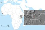 Thumbnail of Locations of Bombali Ebola virus infection in Sierra Leone (gray shading at left; Bombali district in red) and Kenya (gray shading at right; Taita Hills area in green). Inset map shows collection site of the Bombali virus–positive bat (red dot) in Kenya, clinics in which human serum samples were collected (white squares), and the closest towns (black squares). 