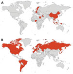 Geographic location of mammal species affected by highly pathogenic influenza virus A(H5N1) in previous waves of infection, 2003–2019 (A), and in the current panzootic, 2020–2023 (B).