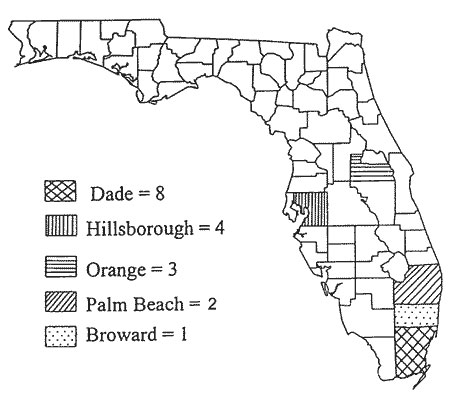 County of residence for 18 laboratory-diagnosed dengue cases detected between April 1997 –March 1998.