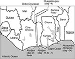 Thumbnail of Map of West Africa and travel history of the patient before the onset of febrile illness (day 0). Countries in which Lassa fever is endemic (1-4) are underlined.