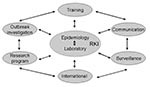 Thumbnail of Integrated strategies used by the Robert Koch Institute (RKI) for the development of applied infectious disease epidemiologic capacity in Germany.