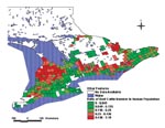 Thumbnail of Ratio of beef cattle to human population (number of animals per person), southern Ontario, 1996).