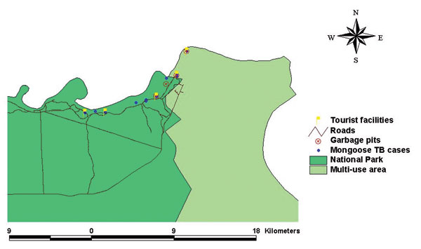 Locations of Mycobacterium tuberculosis-infected or suspected cases in banded mongooses, in relation to garbage pits, tourist facilities, and land use type, Chobe District, Botswana.