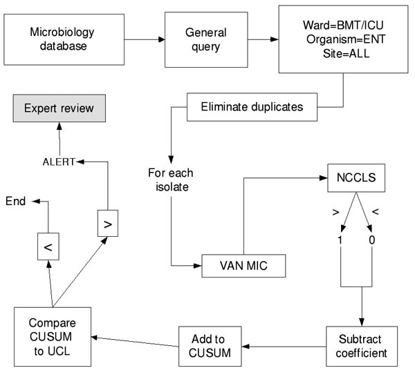 Data processing methodology for cumulative sums. BMT, bone marrow transplant unit; ICU, intensive care unit; ENT, enterococcus; VAN MIC, vancomycin minimum inhibitory concentration; NCCLS, National Committee on Laboratory Standards antibiotic susceptibility breakpoint; CUSUM, cumulative sum; UCL, upper confidence limit.