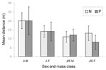 Thumbnail of Mean distances (m) between capture points of positive and negative bank voles for PUUV infection in the four capture-mark-recapture (CMR) grids. N, negative; P, positive; AM, adult males; AF, adult females; J/S M, juvenile and subadult males; J/S F, juvenile and subadult females. Error bars represent 95% confidence intervals.