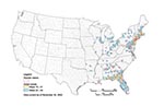 Thumbnail of Counties reporting avian deaths and human illness caused by West Nile virus (WNV), January 1–December 31, 2001. Counties reporting human illness are outlined in red. The color within the county indicates the date when the first avian death from WNV was reported in that county. Counties that report dead birds early in the year are more likely to report subsequent disease cases in humans.