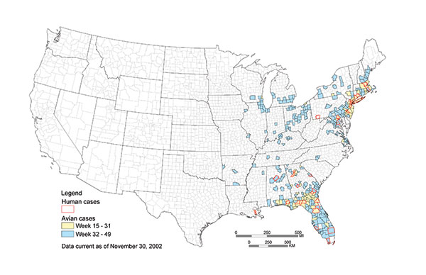 Counties reporting avian deaths and human illness caused by West Nile virus (WNV), January 1–December 31, 2001. Counties reporting human illness are outlined in red. The color within the county indicates the date when the first avian death from WNV was reported in that county. Counties that report dead birds early in the year are more likely to report subsequent disease cases in humans.