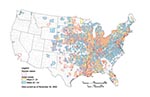 Thumbnail of Counties reporting avian deaths and human meningitis/encephalitis caused by West Nile virus (WNV), January 1–November 30, 2002. Counties reporting human illness are outlined in red. The color within the county indicates the date when the first avian death from WNV was reported in that county. Counties that report dead birds early in the year are more likely to report subsequent disease cases in humans