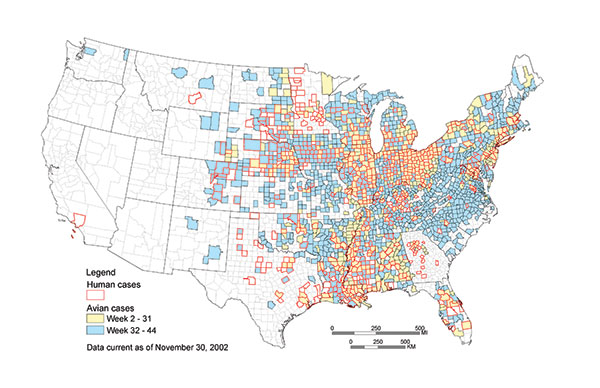 Counties reporting avian deaths and human meningitis/encephalitis caused by West Nile virus (WNV), January 1–November 30, 2002. Counties reporting human illness are outlined in red. The color within the county indicates the date when the first avian death from WNV was reported in that county. Counties that report dead birds early in the year are more likely to report subsequent disease cases in humans