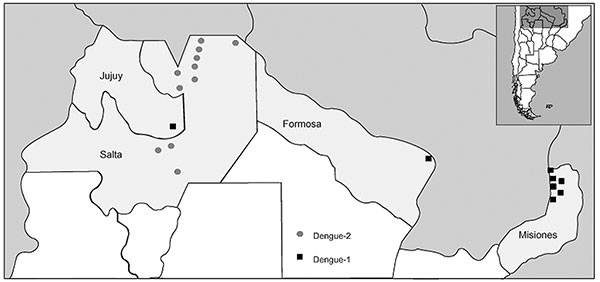 Geographic distribution of dengue cases in Argentina, 1997–2001.