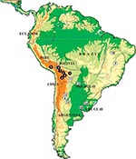 Thumbnail of Location of the collection sites of individual Triatoma infestans analyzed in this study. Dotted lines indicate T. infestans distribution during the 1980s. Full circles indicate Andean samples. Open squares indicate non-Andean samples. (See number identification of each population in Tables 1–3.)