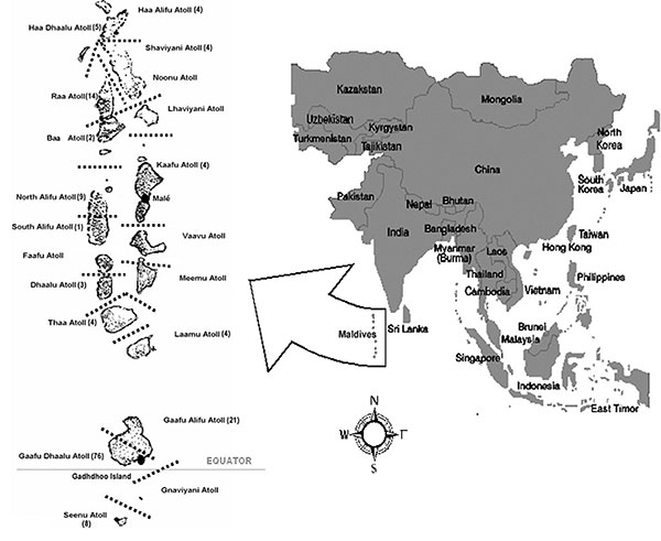 Republic of Maldives by atoll (total number of cases, May 28, 2002, to April 27, 2003, in parentheses next to atoll name).