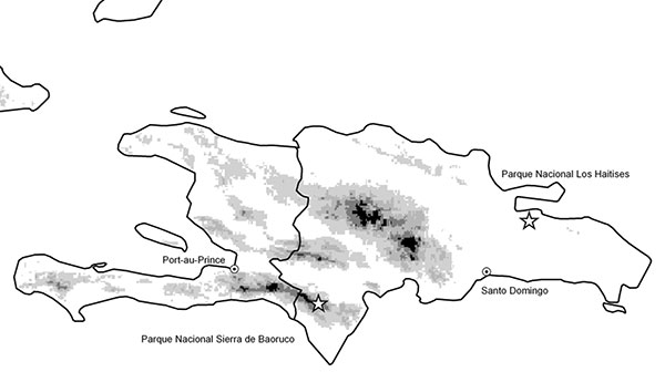 Hispaniola in the West Indies, on which are located Haiti (western third of the island) and the Dominican Republic. West Nile virus transmission occurred at Parque Nacional Los Haitises before November 2002. Shades of gray are 500-m intervals (e.g., 0–500, 500–1000).