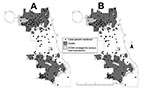 Thumbnail of Chicago map with high crow-mortality areas (HCMAs) and reported residences of A) West Nile virus (WNV)-infected case-patients, or B) WNV meningoencephalitis case-patients (WNV fever cases excluded), 2002.