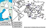 Thumbnail of Sindbis virus isolates around the world. Each dot represents either one strain (isolated from insect or vertebrate) or several strains isolated from specific Diptera genus (e.g., Culex or Aedes) at the same time and place. The strains included in the phylogenetic analyses are indicated with arrows. The enlarged map presents the new Sindbis virus isolates introduced in this study.