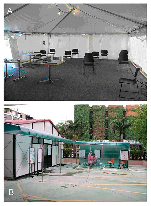 A, evaluation center for severe acute respiratory syndrome (SARS) in Toronto, demonstrating spatial separation of chairs in waiting area intended to reduce patient-to-patient transmission. B, evaluation center for SARS in Taiwan, demonstrating triage screening of a patient by a healthcare worker wearing personal protective equipment.