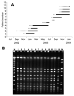 Thumbnail of A) Nosocomial transmission of non–multidrug-resistant (MDR) methicillin-resistant Staphylococcus aureus (MRSA) in the premature neonatal ward. Dotted lines represent hospitalization until first non-MDR MRSA isolation. Solid lines represent hospitalization after first non-MDR MRSA isolation until discharge. B) pulsed-field gel electrophoresis of MRSA outbreak isolates; lanes 1–10: ST45-MRSA-IV outbreak strains isolated from neonates; lanes 11–12: ST45-MRSA-IV outbreak strains isolate