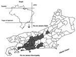 Thumbnail of Map of Brazil and the state of Rio de Janeiro showing municipalities (shaded areas) where human and feline cases of sporotrichosis were diagnosed from 1998 to 2003.