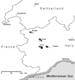 Thumbnail of Traditionally endemic canine leishmaniosis (canine leishmaniasis) areas (slash marks) and new foci in continental climate areas of northwestern Italy (shaded areas).