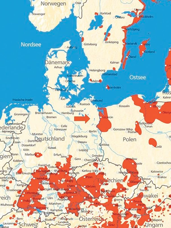 European tickborne encephalitis–endemic areas and new infection site of case in northeastern Germany (arrow). Map provided by Baxter Germany GmbH.