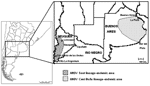 Thumbnail of Location of residences and possible sites of exposure of hantavirus pulmonary syndrome patients in the provinces of Buenos Aires and Neuquén and Andes virus (ANDV)–endemic regions, 2002.