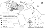 Thumbnail of Map of Venezuela showing locations of the 1995 Venezuelan equine encephalitis outbreak and the small outbreaks of 2000 and 2003, along with surveillance study sites.