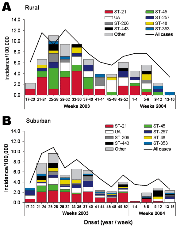 Seasonal distribution of multilocus sequence typing clonal complex in human cases of campylobacteriosis reported in the first 12 months of the study period, by residence in A) Fylde and Wyre (rural) and B) Salford and Trafford (suburban). The number of typed isolates reported during 4-week intervals was converted to incidence by using annual population estimates. The 8 most commonly reported complexes are distinguished, with cases from all other complexes presented as "other." The incidence of "