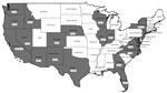 Thumbnail of Frequency and percentage of fatal cysticercosis cases by state, United States, 1990–2002. Shaded areas indicate states with deaths from cysticercosis.