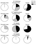 Thumbnail of Proportion of susceptible (S), resistant (R), and multidrug-resistant (M) isolates among different Salmonella serotypes in isolates from domestic meat, imported meat, and humans, Denmark, July 1998–July 2002.