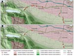 Thumbnail of Distribution of positive and negative environmental samples for a systematic sampling along a 35-km traffic corridor traversing National Topographic System of Canada grids 092F/06 and 092F/07, highlighting transience of Cryptococcus gattii isolations. A) Sites of initial samples, collected in October 2004. B) Positive sites that were resampled in June 2005.