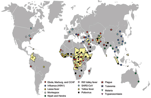 Geographic distribution of recent emerging or reemerging infectious disease outbreaks and countries affected by conflict, 1990–2006. Countries in yellow were affected by conflict during this period (source: Office for the Coordination of Humanitarian Affairs, World Health Organization, www.reliefweb.int/ocha_ol/onlinehp.html). Symbols indicate outbreaks of emerging or reemerging infectious diseases during this period (source: Epidemic and Pandemic Alert and Response, World Health Organization, www.who.int/csr/en). Circles indicate diseases of viral origin, stars indicate diseases of bacterial origin, and triangles indicate diseases of parasitic origin. CCHF, Crimean-Congo hemorrhagic fever; SARS-CoV, severe acute respiratory syndrome coronavirus.