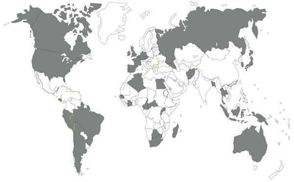 Shading indicates 48 countries that submitted at least 1 isolate to participating Supranational Reference Laboratories, 2000–2004. See Table 4 for complete list of participating countries.