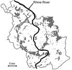 Thumbnail of City of Cologne, showing its corridor of wooded public parks (shaded area) and the location of the exposure sites in the Stadtwald stadium area: 1, Cologne cathedral; 2, Stadtwald; 3, RheinEnergie Stadium; 4, university; 5, trade fair; 6, airport.