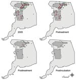 Thumbnail of Locations of treated areas and human cases of West Nile virus by temporal classification, Sacramento County, California, 2005. Shown are treated areas (dark gray), surrounding 0.8-km buffers (thin regions around dark gray areas), untreated areas (light gray), and location of human cases within each of these regions (red, blue, and green circles, respectively). For display purposes, we used the NAD83 HARN California II State Plane coordinate system (Lambert Conformal Conic projection).