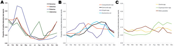 Seasonality of positive laboratory reports of viral (A), bacterial (B), and parasitic (C) pathogens, 2001–2006, persons &gt;65 years of age.