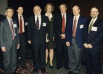 Thumbnail of Keynote speakers at the inaugural International Conference on Emerging Infectious Diseases in Atlanta, March 8–11, 1998. Left to right: Anthony Fauci, David Heymann, Joshua Lederberg, Claire Broome, James Hughes, Guthrie Birkhead, D. Peter Drotman.