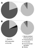 Thumbnail of Comparison of the organisms from which the best matches for the sequences were derived from a BLASTN (http://blast.ncbi.nlm.nih.gov) search with an expect-value cutoff of 10–5. A) DNA from nondiarrheic fecal sample collected 3 months after patient had recovered. B) DNA from diarrheic fecal sample collected while patient was ill.