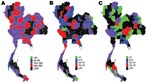 Thumbnail of Density of selected health system resources available for pandemic influenza across provinces, Thailand. A) Surveillance and rapid response team personnel; B) internal medicine physicians; C) critical care nurses.