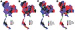 Thumbnail of Density of selected health system resources available for pandemic influenza across provinces, Thailand. A) Negative-pressure rooms; B) adult respirators; C) surgical masks; D) oseltamivir tablets.