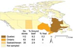 Thumbnail of Distribution of retail grocery stores sampled (n = 210) and proportion with contaminated meat. The overall proportion of stores with &gt;1 meat package contaminated with Clostridium difficile was 5.7%. No statistical differences were observed when comparing the proportions of ground beef contamination in Québec, Ontario, and Saskatchewan, Canada (p&gt;0.2). No comparisons for veal chops were made because Québec was the main source of this commodity; veal from milk-fed calves was not