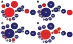 Thumbnail of Minimum spanning trees depicting integron distribution across Salmonella enterica genetic lineages. <!-- INSERT SHAPE -->A) dfrA12/orfF/aadA2; B) dfrA7; C) dfrA1/aadA1; D) arr2/blaOXA30/cmlA5/aadA2. Circles represent unique sequence types (STs). Red circles represent the STs that carried the integron involved in horizontal gene transfer. Numbers in circles represent the ST. Circle size reflects number of isolates in each ST. Pink and green shading indicates closely related groups of