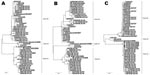 Thumbnail of Phylogenetic analysis of the hemagglutinin gene (A), neuraminidase gene (B), and matrix gene (C) of influenza virus (H1N1). The 3 clade 2C viruses with double resistance are indicated by circles, the 3 clade 2B viruses with amantadine resistance are indicated by triangles, and A/Brisbane/59/2007 and A/Hong Kong/2652/2006 are indicated by squares. Scale bars indicate 0.5% difference in nucleotide sequence.