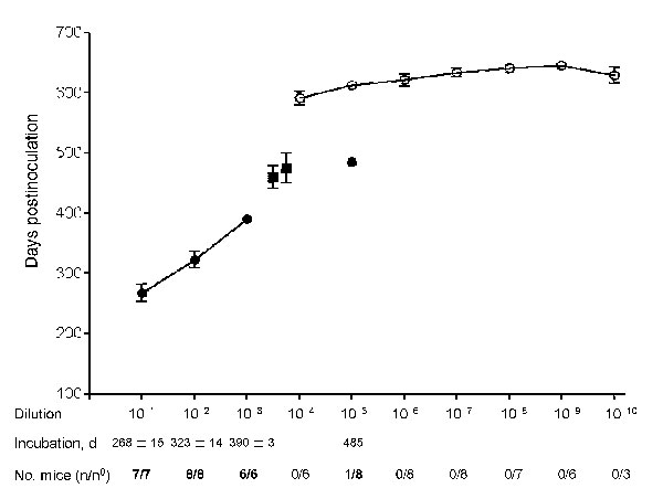 Quantification of chronic wasting disease prions. Diseased transgenic (Tg) mice Tg(CerPrP)1536+/– inoculated with dilutions of brain homogenate are indicated by filled symbols Asymptomatic mice are indicated by open circles; time at which asymptomatic aged mice were either euthanized or died of illnesses unrelated to prion disease is shown. Error bars indicate SEM. n/n0 refers to the number of mice developing prion disease divided by the number of inoculated mice. Also shown are the mean incubat