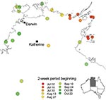 Thumbnail of Northern part of the Northern Territory of Australia showing communities affected by the epidemic febrile vomiting syndrome, by week of epidemic peak.