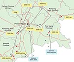 Thumbnail of Map of Cambodia showing the locations of influenza A (H5N1) outbreaks in poultry (circles) and human cases (stars) detected since 2005. Arrows are proposed to illustrate the hypothetical paths of introduction of H5N1 virus sublineages (see Figure 1) in Cambodia from its neighboring countries. A sublineage number adjacent to the arrow implies that the respective sublineage viruses are found at the start and the end of the arrow with the years of the detection noted (Appendix Table).