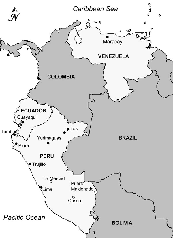 Map of study sites in Ecuador, Peru, and Venezuela. The study in Peru and Ecuador was operated jointly by the US Naval Medical Research Center Detachment with each country’s Institutes of Health. Samples from Venezuela were collected in and around Maracay through the Aragua State Epidemiologic Surveillance Program from patients with suspected dengue virus (DENV) infection. Cities denoted by filled circles indicate study sites where DENV serotype 4 strains were isolated, whereas open circles deno